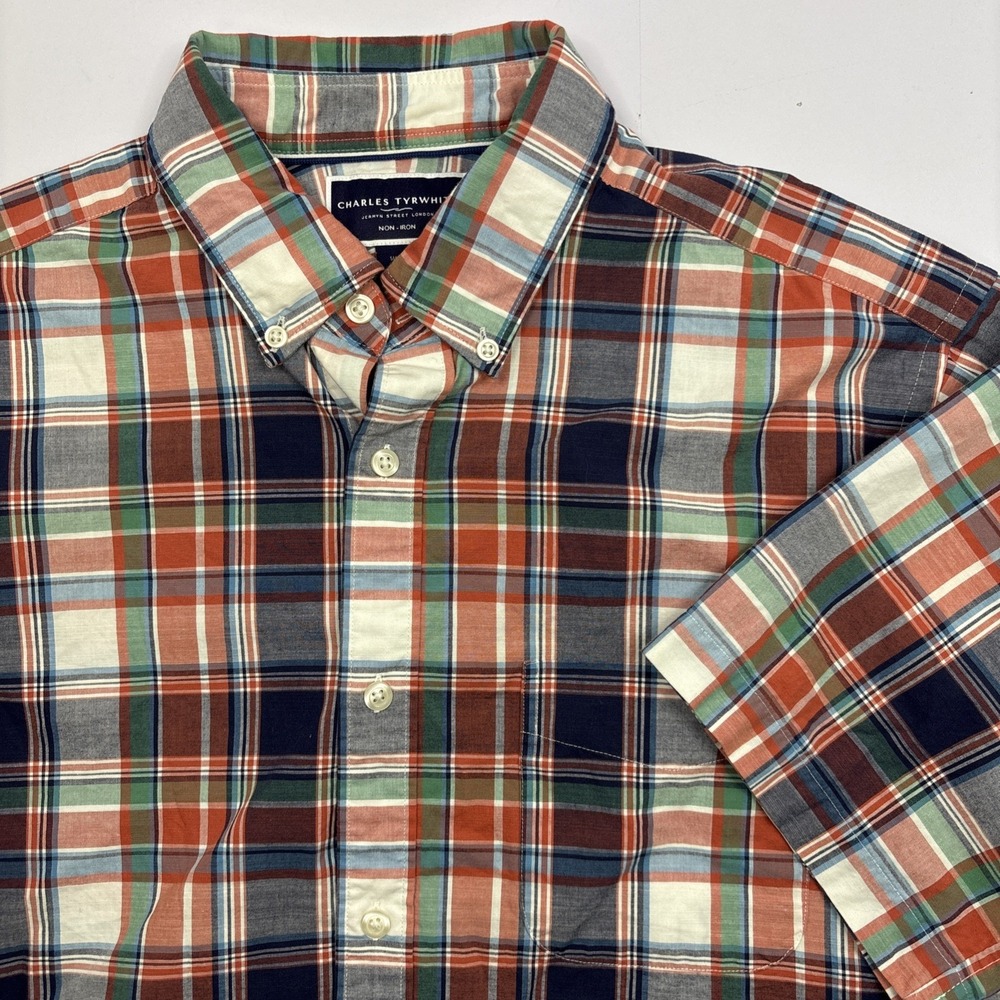 Charles Tywhitt Slim Fit Short Sleeve Mens Plaid Large 100% Cotton Non Iron